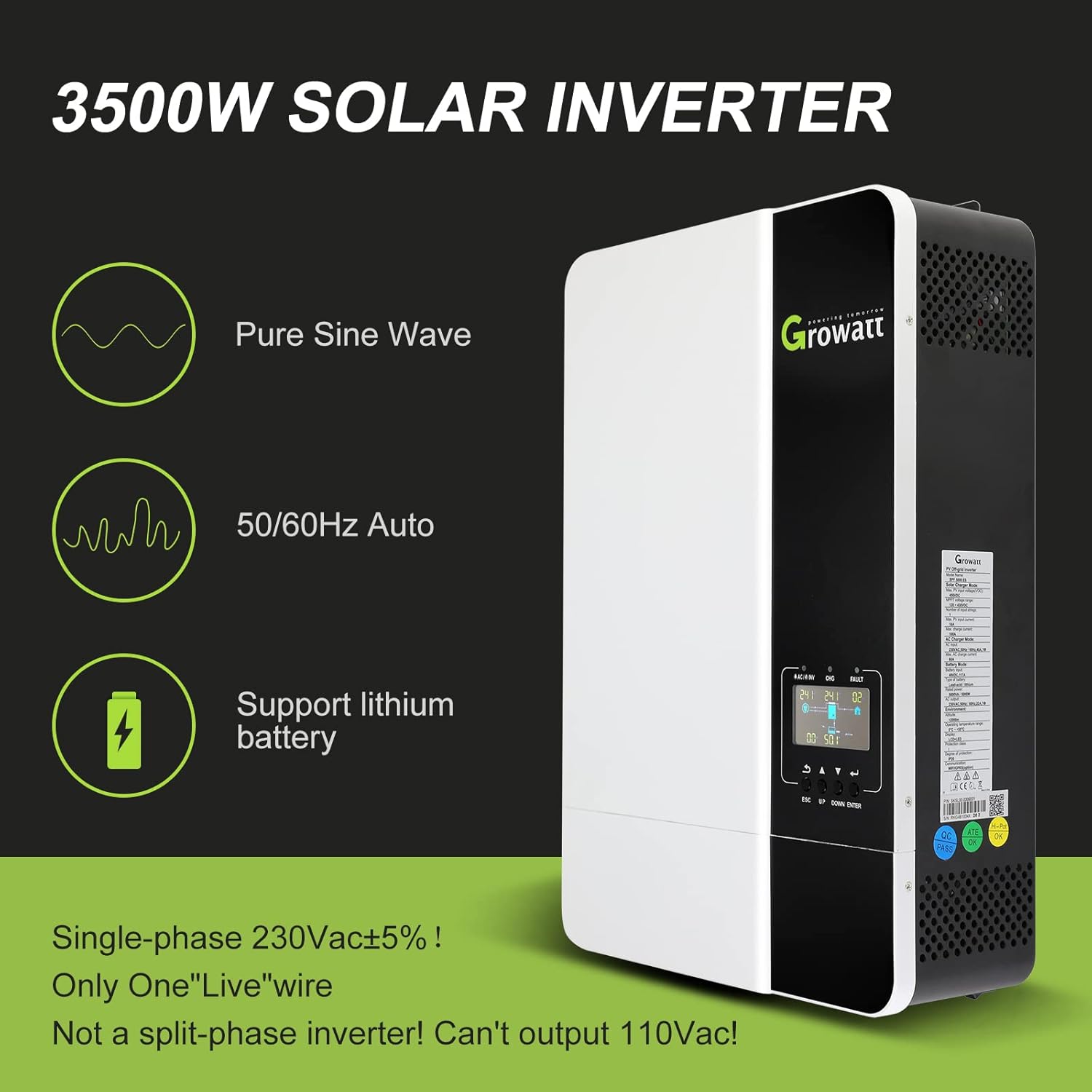 Growatt 3500W Solar MPPT Inverter 48V to 230V AC, Off Grid Hybrid Inverter Bulit in 80A Solar Controller, 3.5KW Solar Charger Inverter Max PV Input 450V, fit for 48V Lead-Acid/Lithium/Without Battery