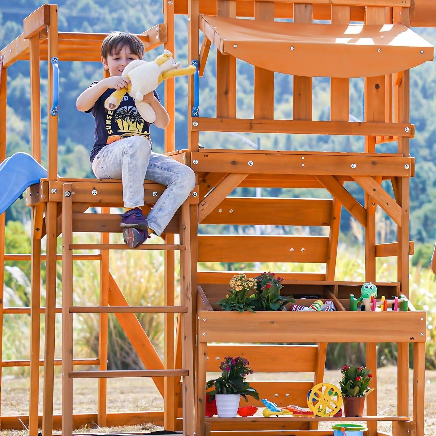 Dolphin Playground Swing Sets for Backyard with Monkey bar, Wooden Playground Sets for Backyards with 8FT Wave Slide, Multi-Functional Shelf, 2 Belt Swings, Outdoor Playset for Kids 3-10