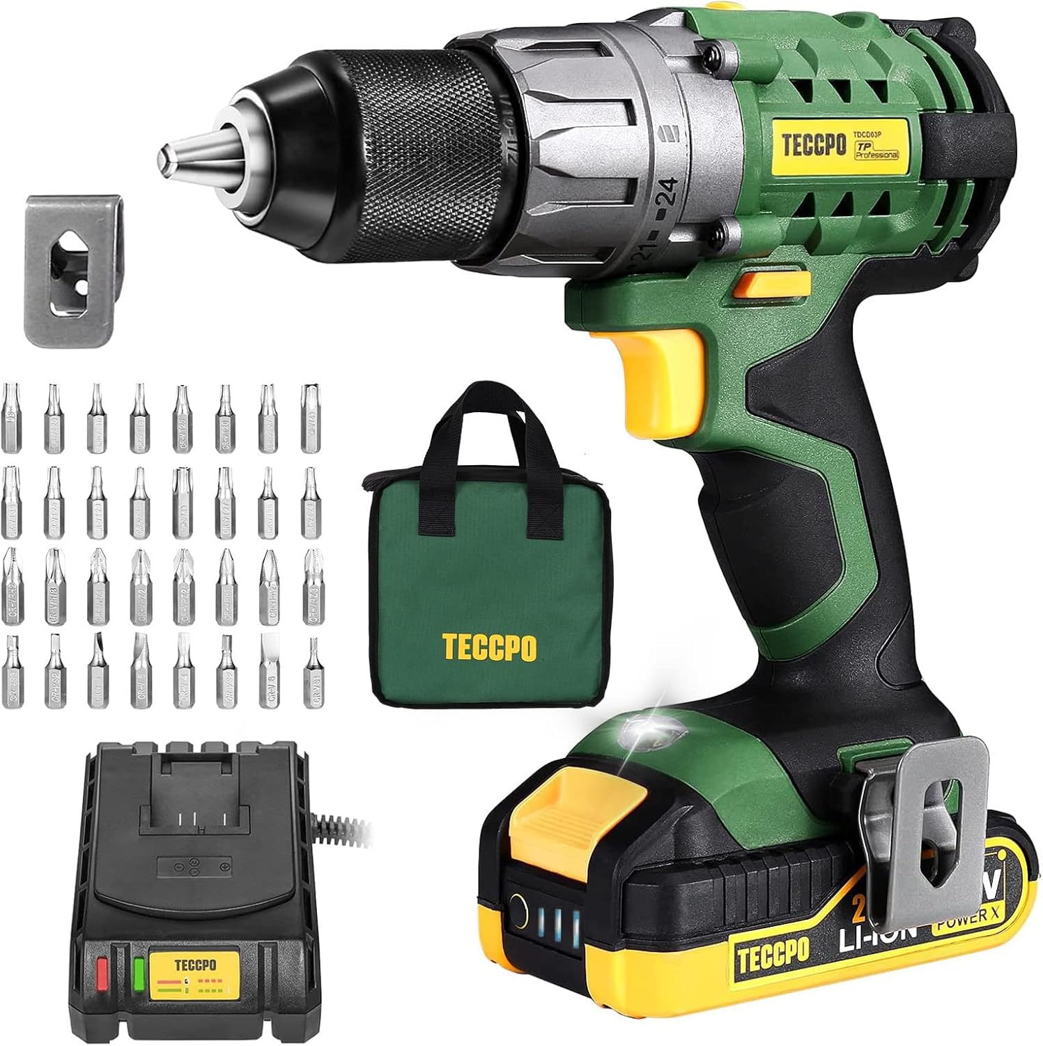 TECCPO Power Drill, Cordless Drill with Battery and Charger(2000mAh), 530 In-lbs, 24+1 Torque Setting, 0-1700RPM Variable Speed, 33pcs Accessories Drill Set, Drill with 1/2" Metal Keyless Chuck