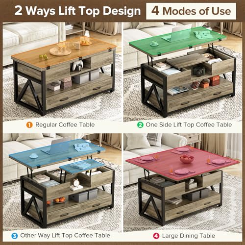 40" Lift Top Coffee Table,4 in 1 Multi-Function Lift Coffee Tables with Storage Drawers and Hidden Compartmen,Farmhouse Coffee Table with Lifting top for Living Room,Black