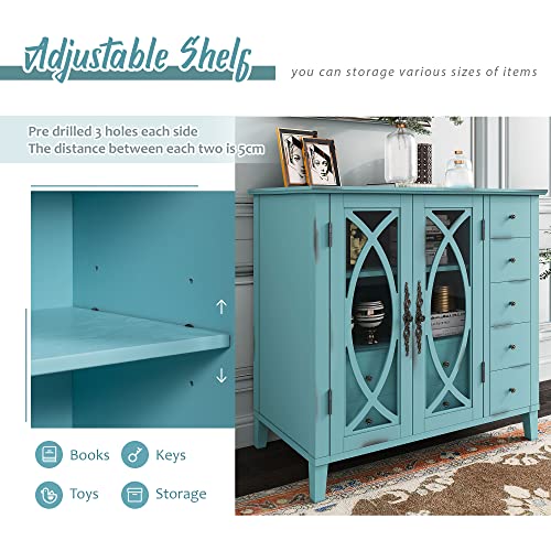 Vintage Style Sideboard Accent Storage Sideboard Wooden Sideboard with Adjustable Shelf,5 Small Drawers and 2 Large Drawers,for Entryway,Living Room,Bedroom (Antique Light Green#N)