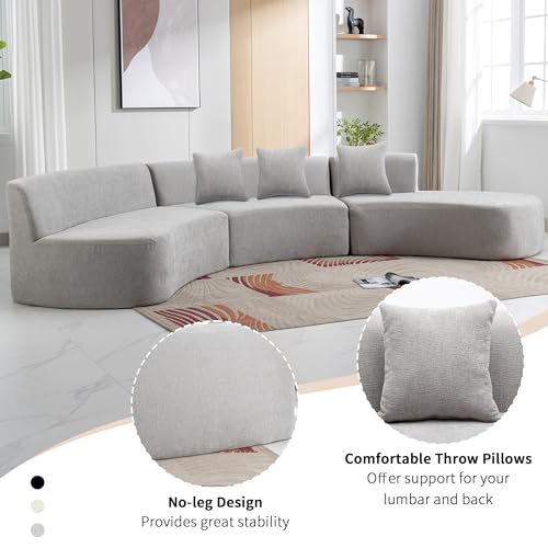 136.6" Stylish Curved Sofa Sectional Sofa Chenille Fabric Sofa Couch with Three Throw Pillows for Living Room, Grey Living Room Sectionals, Home & Kitchen Furniture