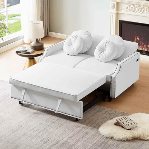 Modern Convertible Sofa Bed with Adjustable Backrest and Pull-Out Bed, Stylish Design 2 Seat Sofa with Pillows and USB Ports, Perfect for Small Spaces, Beige