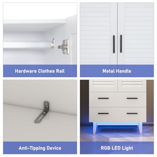 3 Door Armoire Wardrobe Closet Cabinet with Drawers and LED Lights, Multi-Tier Shelves, Hanging Rod & 3 Louver Doors, Large Capacity Storage Wardrobe Armoire for Bedroom, White