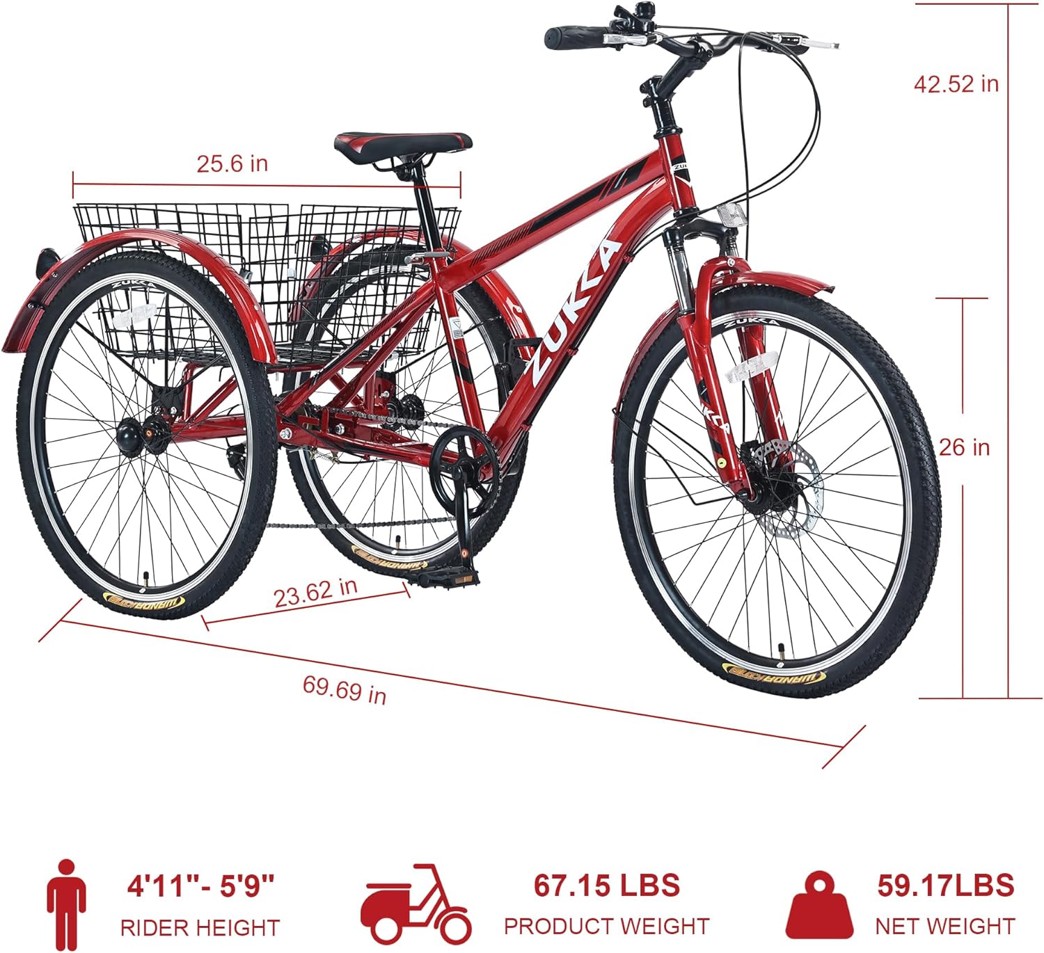 Adult Tricycle Bike,7-Speed Mountain Tricycle,26-Inch 3 Wheels,Comfortable Widen Saddle,Rear Integrated Shopping Basket