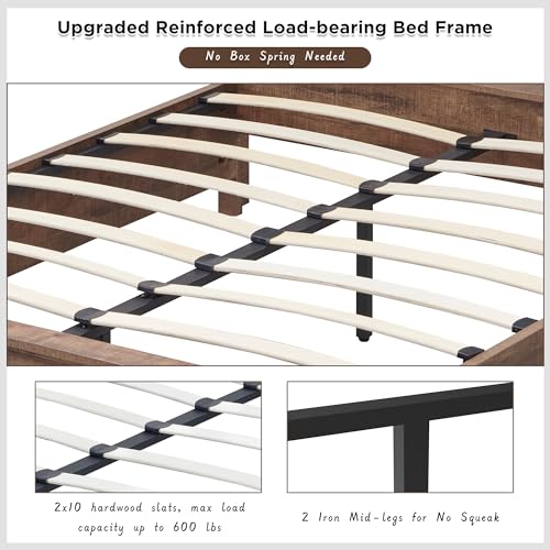 Farmhouse King Size Bed Frame with 52" Tall Full Panel Headboard, Wood Platform Bedframe with Footboard and Storage Drawers, No Squeak, No Box Spring Needed, Antique Brown