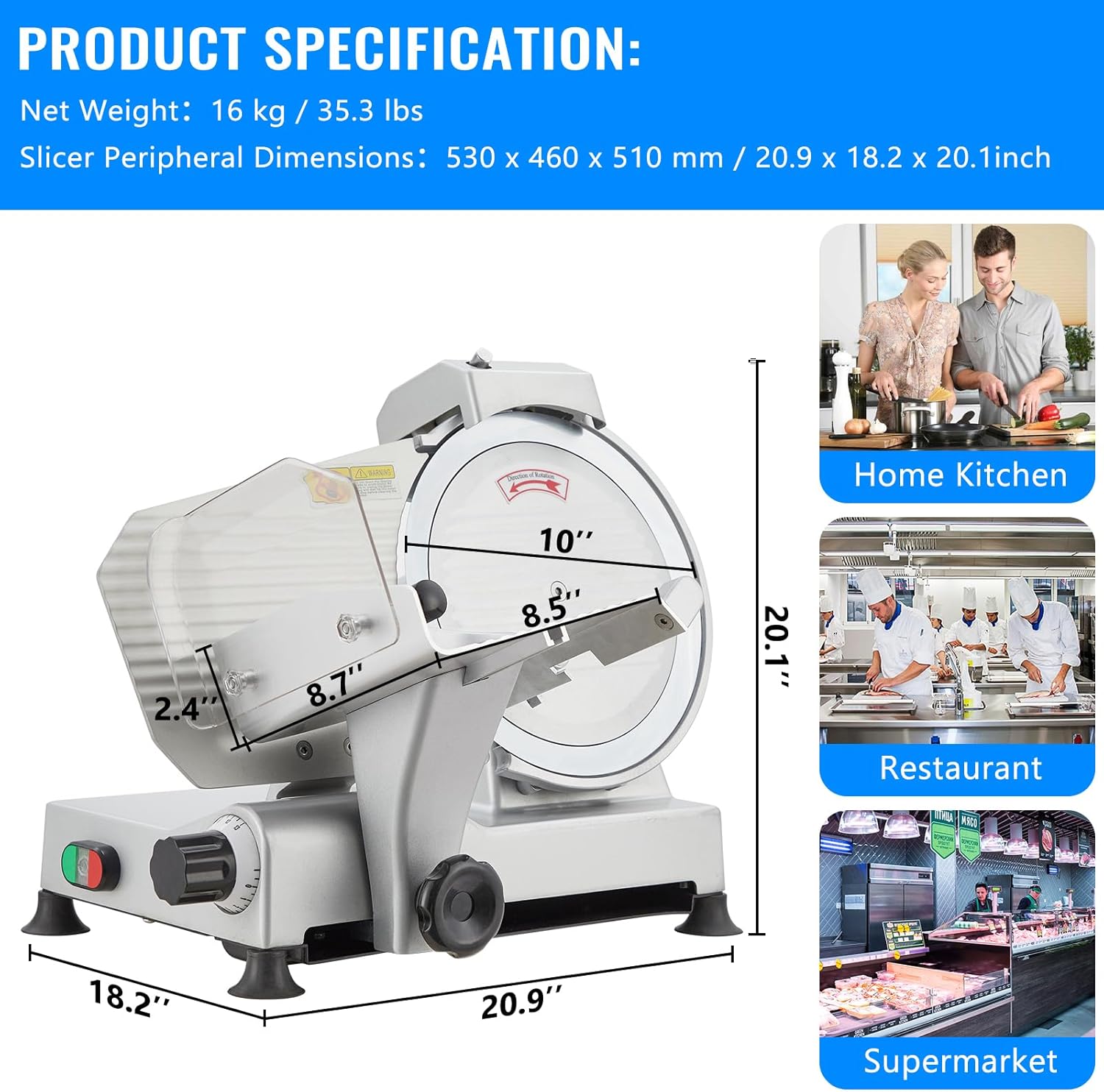 Meat Slicer, 240W Electric Food Slicer with 10" Stainless Steel Blade and Built-in Sharpening Stone, Adjustable Thickness Meat Slicer for Home and Commercial Use to Cuts Meat, Bread and Cheese
