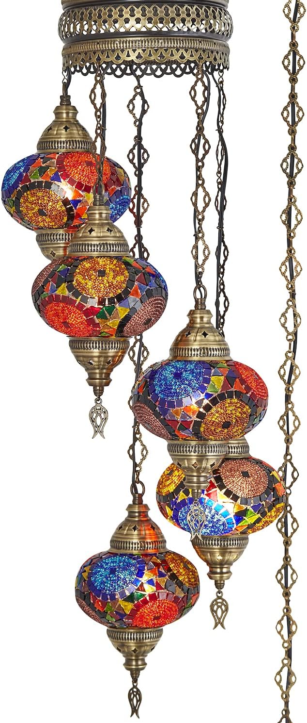 DEMMEX PLUGIN Turkish Moroccan Mosaic Chandelier Light, Ceiling Hanging Lamp Pendant Light Fixture with 15ft 4.5mt Cord Chain and Plug, Handmade, Customizable (5 Globes PLUGIN, 42"- 105cm Height)
