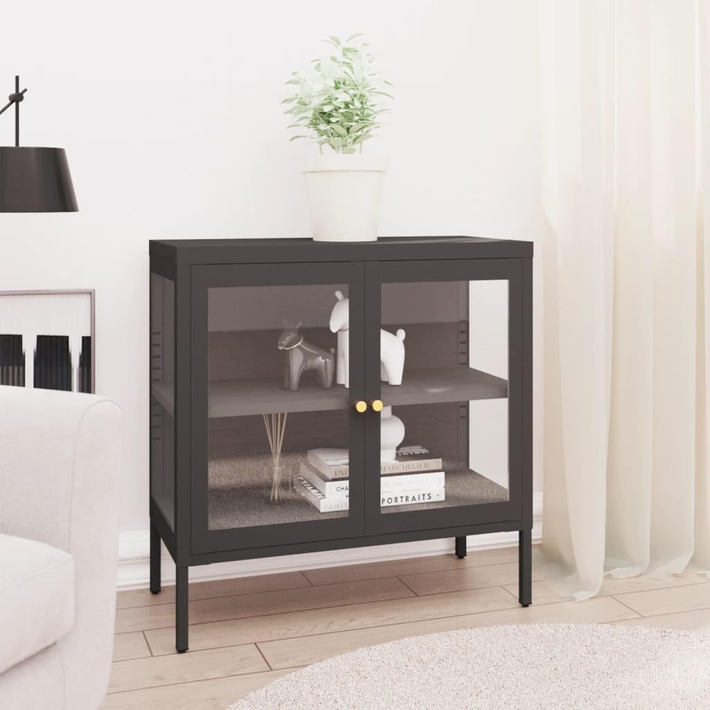 Asomie Sideboard Anthracite 27.6"x13.8"x27.6" Steel and Glass Home Furniture Cabinets Fashion Kitchen Indoor Storage Buffets Sideboards Storage Cabinet US Stock Fast Shipment Anthracite