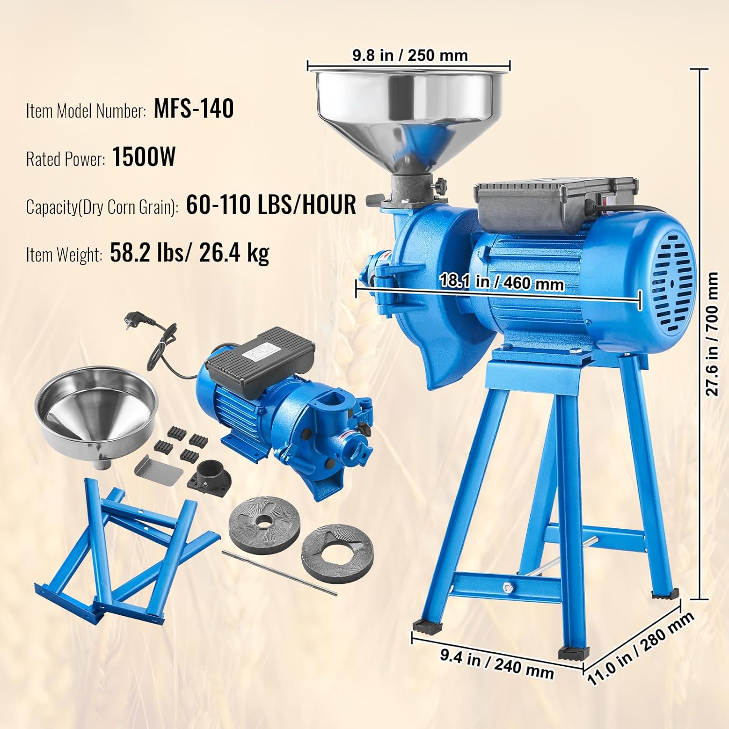 VEVOR Electric Grain Mill Grinder, 1500W 110V Dry & Wet Spice Grinder, Commercial Corn Mill with Funnel, Thickness Adjustable Powder Machine, Heavy Duty Feed Flour Cereal Mill Wheat Grinders