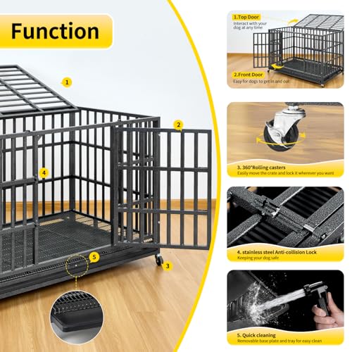 Upgrade 48 Inch Heavy Duty Indestructible XL Dog Crate Steel Escape Proof, Indoor Double Door High Anxiety Cage, Kennel with Wheels, Removable Tray, Extra Large XL XXL