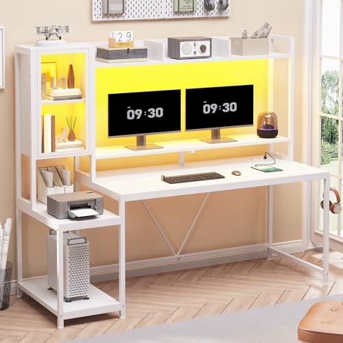 SEDETA Gaming Desk, 60'' Gaming Desk with Hutch and LED Lights, Computer Desk with Storage Shelves, Large PC Gamer Desk with Display Cabinet, Monitor Stand, Power Outlet for Home Office, Rustic Brown