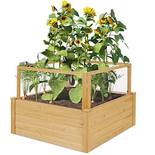 Giantex Raised Garden Bed with Fence, Wood Planter Raised Bed with Critter Guard Fence, 9 Grids Plant Container, Outdoor Plant Box for Garden Patio Backyard Balcony (42" Lx42 Wx32.5 H)