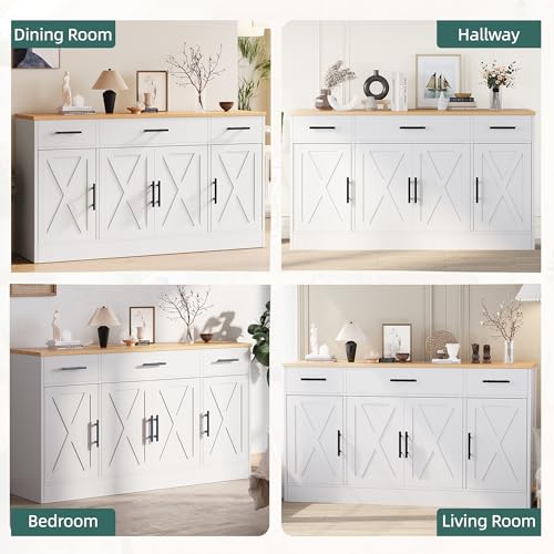 Shintenchi Buffet Cabinet with Storage,53.4" Large Kitchen Storage Cabinet with 3 Drawers and 4 Doors,Wood Farmhouse Buffet Sideboard with Adjustable Shelf for Kitchen Living Room,White
