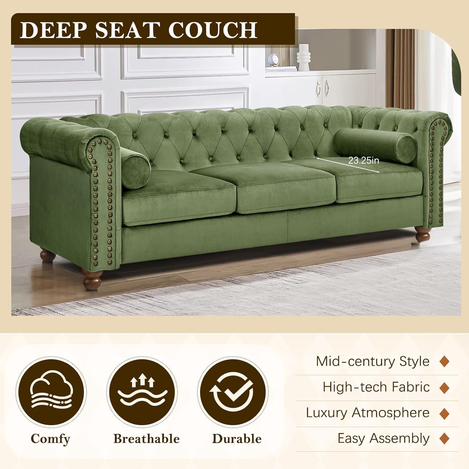 Antetek 3 Seater Couch, 80" Classic Upholstered Chesterfield Sofa, Button Tufted Velvet Couch with Deep Seat for Living Room, Farmhouse, Green
