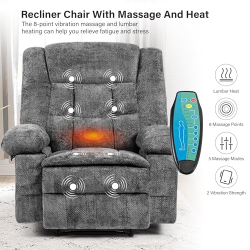 Recliner Chair for Adults with Massage and Heat, Breathable Fabric Reclining Chair with Side Pockets, Comfy Living Room Single Sofa Chair, Dark Grey