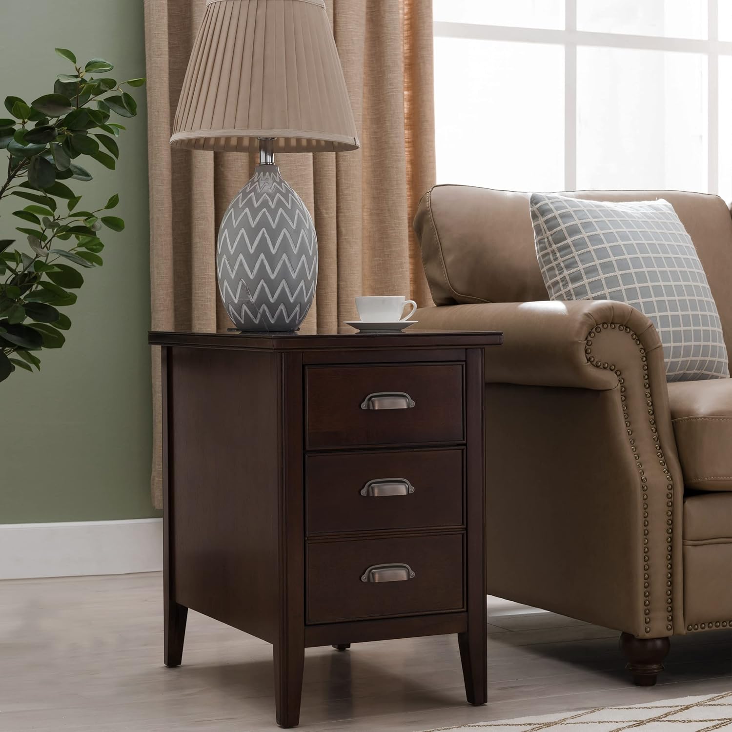 Leick Home 10508 Laurent Cabinet End Table with Top Drawer, Door and 2-plug AC/USB Outlet, Chocolate Cherry