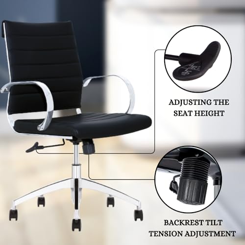 Ribbed Mid Back Conference Room Chairs - Lumbar Support, Modern Style Executive Chair for Home and Office - 360 Swivel Rolling Wheels - Aluminum Chrome Frame & Base - Black (Pack of 8)