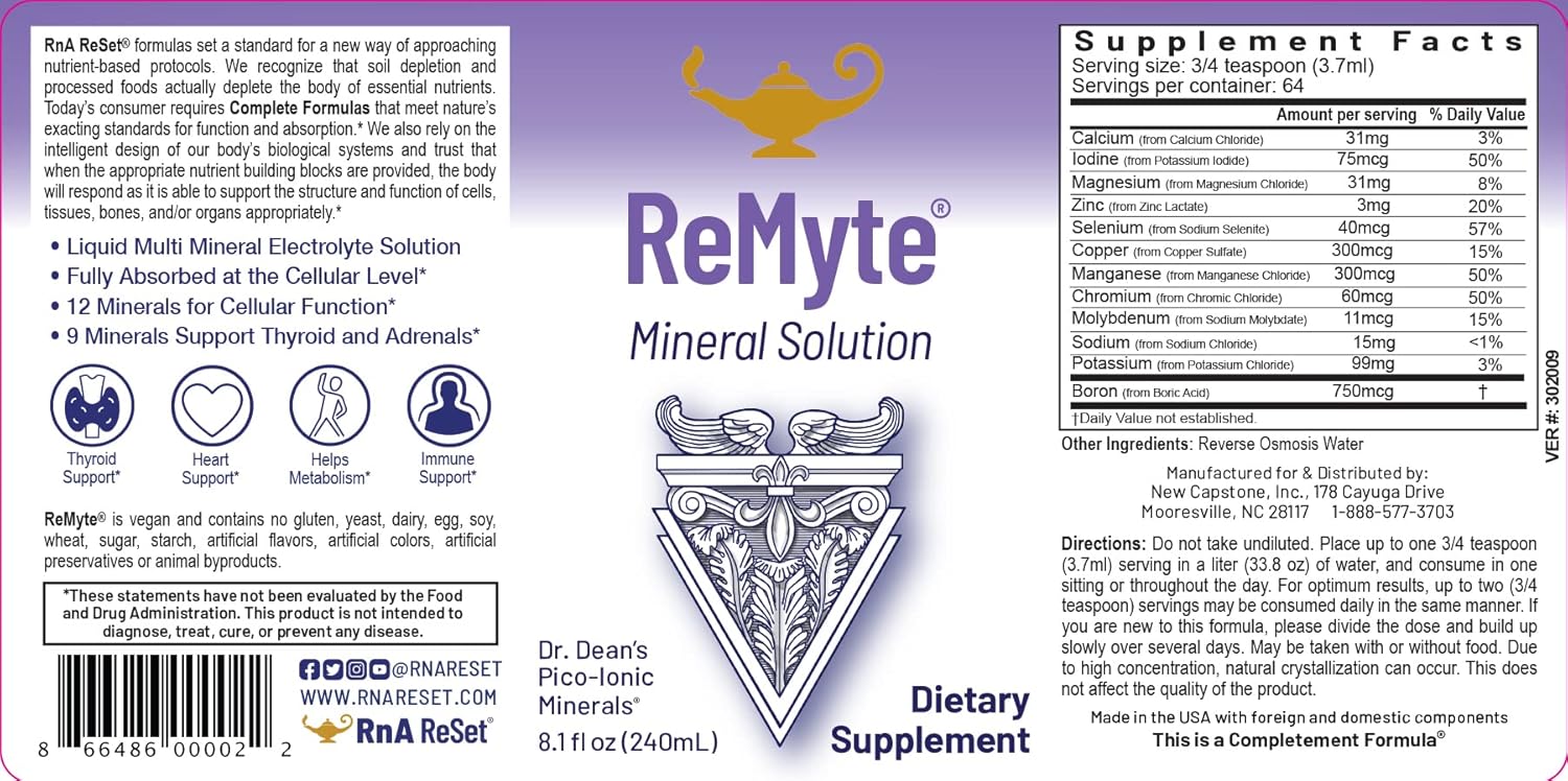 RnA ReSet - ReMag High Absorption Magnesium Liquid, ReMyte Mineral Solution, 12 Minerals Including Iodine, Selenium, Zinc, Magnesium, Boron, 240 ml Each - by Dr. Carolyn Dean Pack of 2