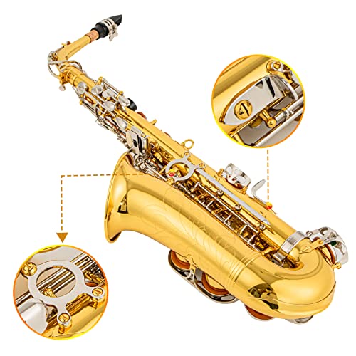 Black/gold keys E Flat Alto Saxophone Brass Engraved Eb E-Flat Natural White Shell Button Wind Instrument with Case Belt Brush (Black/gold keys)