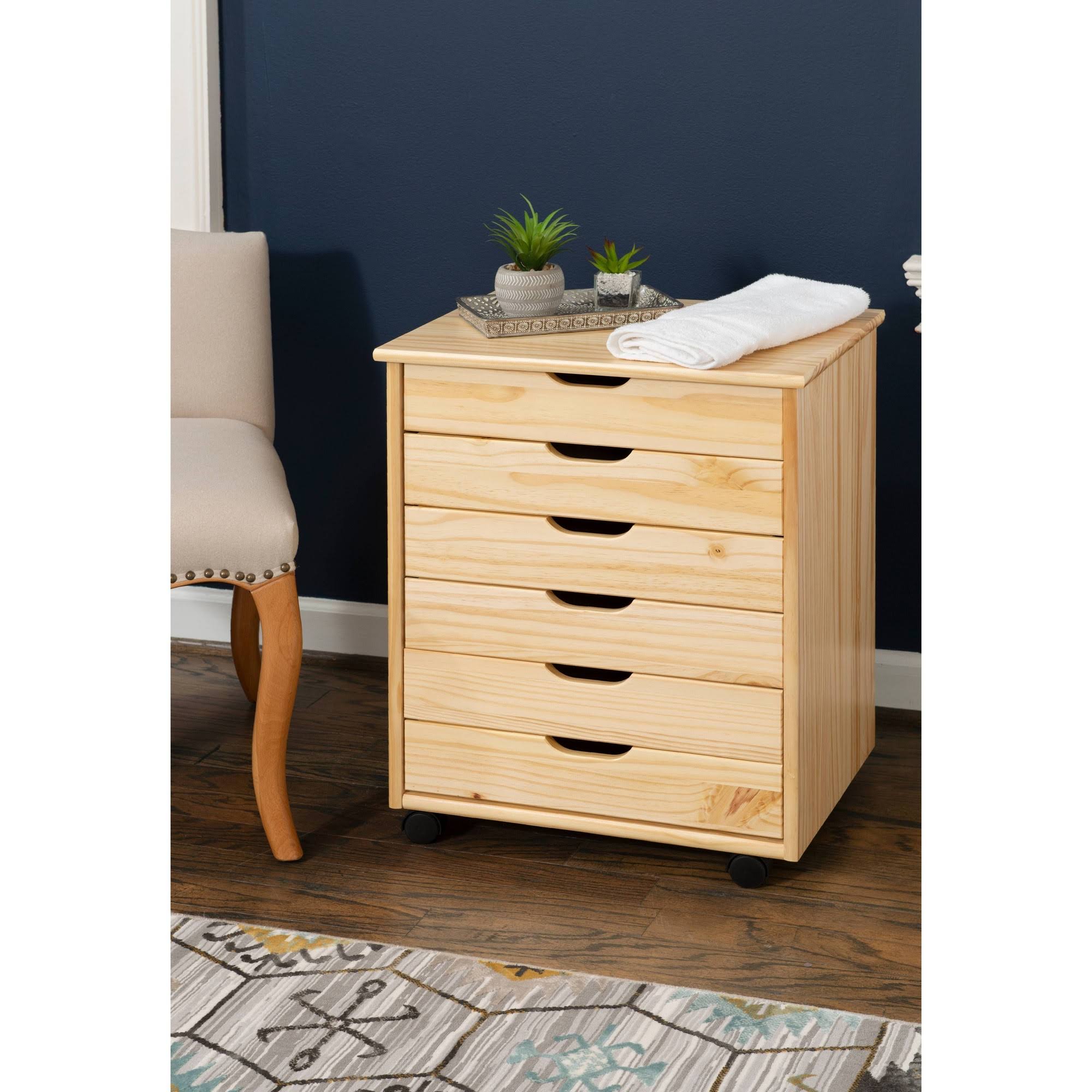 Cary Six Drawer Wide Roll Cart, Natural Linon
