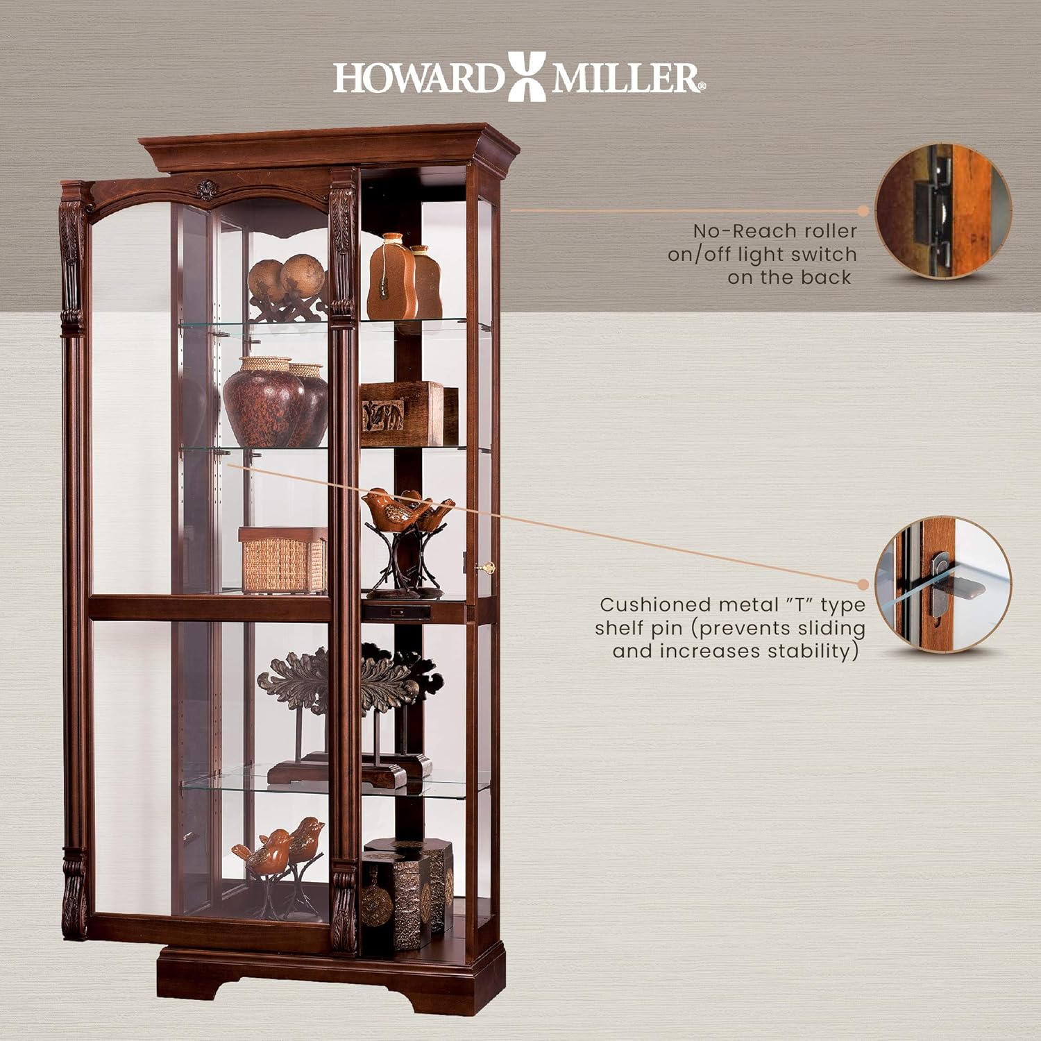 Howard Miller Bernadette Curio Cabinet 680-501 – Hampton Cherry Finish, Heavily Distressed Home Decor, Four Glass Shelves, Five Level Display Case, Locking Slide Door, Halogen Light