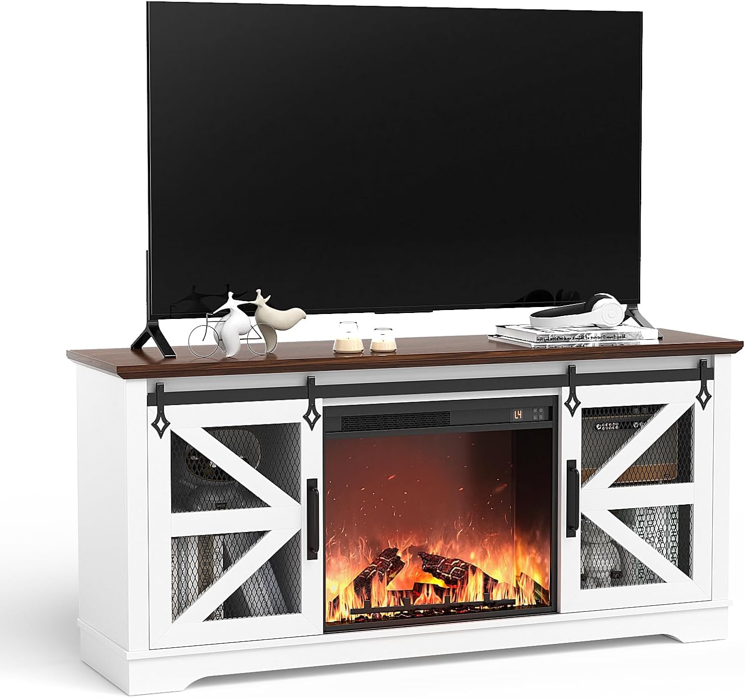 VOWNER Fireplace TV Stand for 65 Inch TV, Farmhouse Media Console Table with Electric Fireplace Heater & Sliding Barn Doors, Entertainment Center for Living Room, White