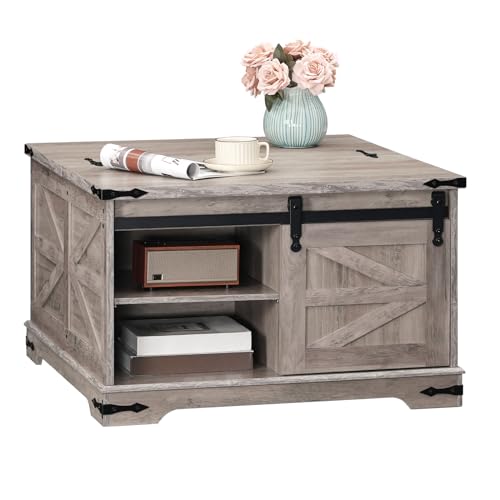 HOOBRO Farmhouse Coffee Table, Large Square Coffee Table for Living Room, Lift Top Coffee Table Square, Wooden White Coffee Table with Barn Door, Hidden Space, White and Walnut WH80KF01