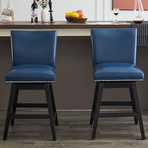 Swivel Bar Stools Set of 2 - Counter Height Bar Stools with Back, Free 360° Swivel, Nail Head Design, Upholstered, Solid Wood Frame for Farmhouse, Rustic & Nordic Style Bars, White