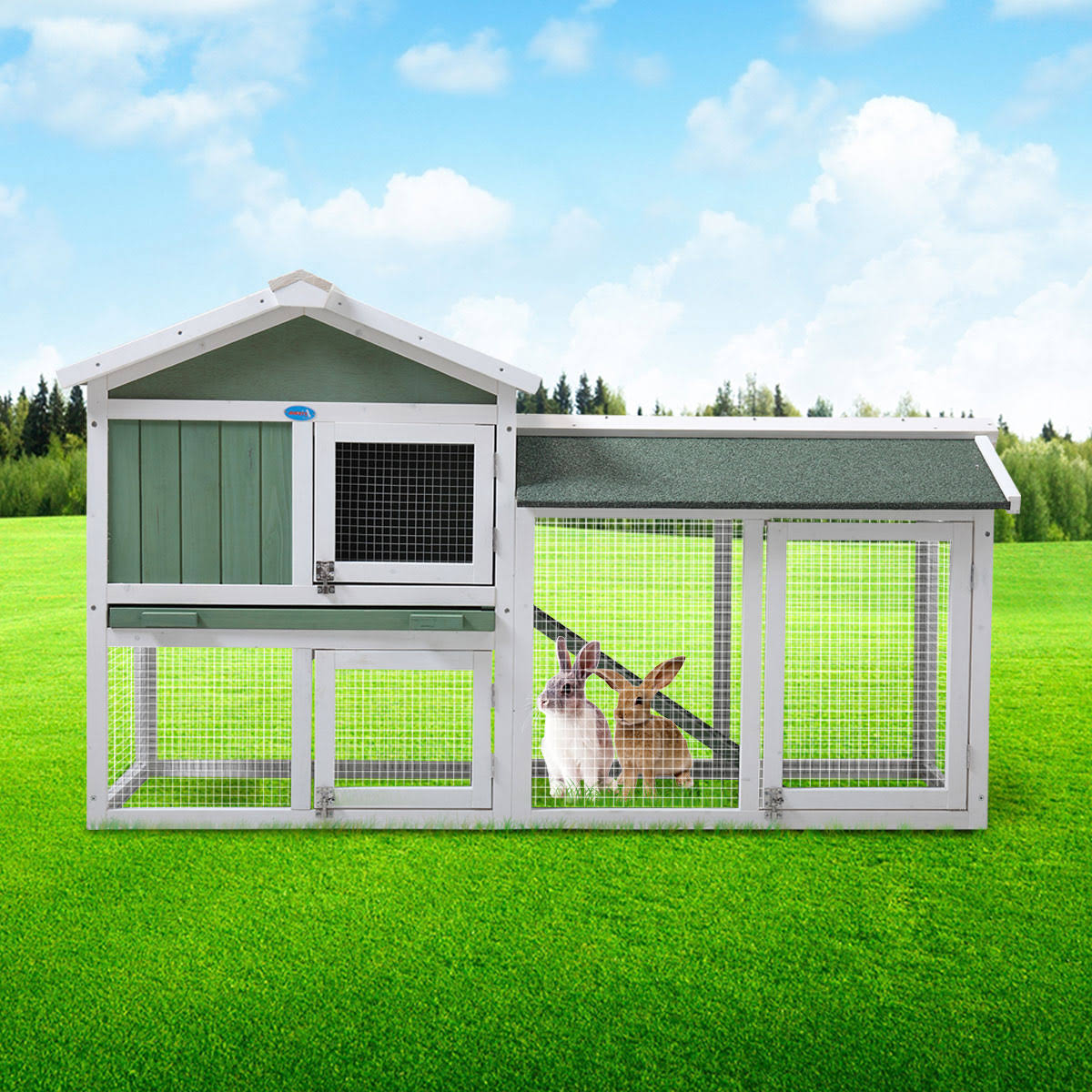 coziwow 2 Story Outdoor Wooden Chicken Coop Rabbit Hutch House Small Pet Poultry Cage-Gray u0026 White