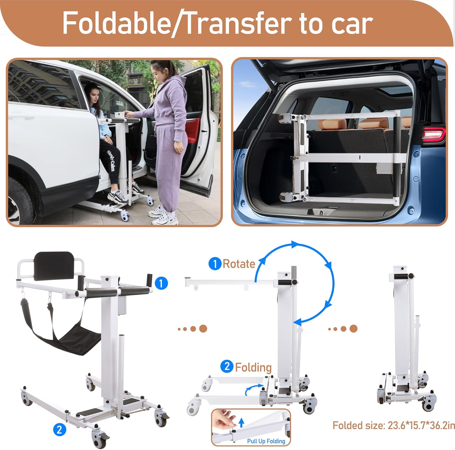 Electric Patient Lift Transfer Chair Patient Lift Wheelchair for Home Foldable Portable Patient Lift Chair with Adjustable Base, from Bed to Wheelchair Transfer and Wheelchair to car, White