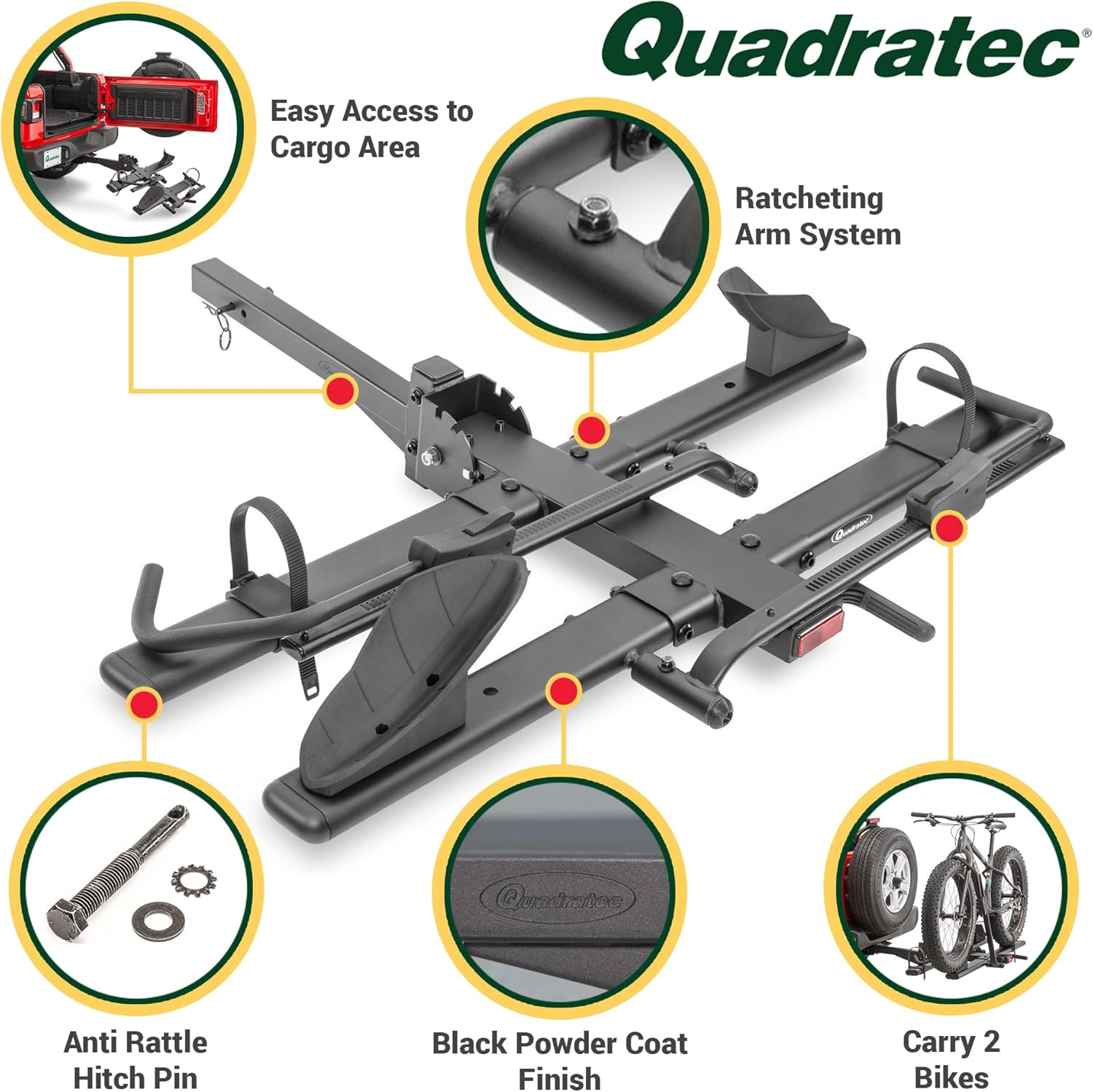 Quadratec Deluxe 2-Bike Hitch Mount Bike Rack for eBikes - Supports Heavy Electric Bikes & Fat Tires Up to 4" Wide - Swing Away & Folding Feature - Fits Jeep Wrangler, SUVs, RVs, Trucks, & Trailers