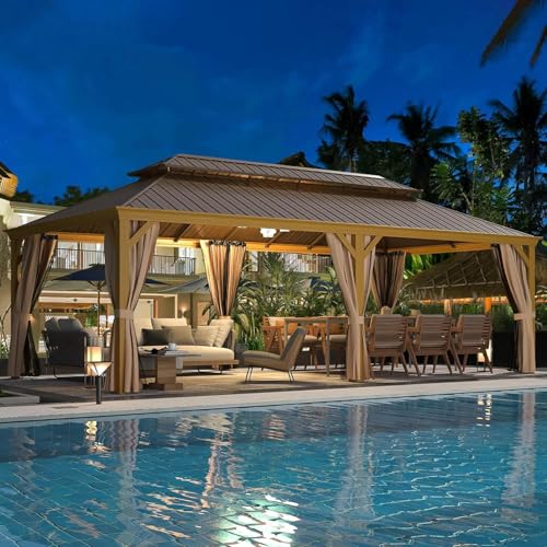 EROMMY 14'x20' Hardtop Gazebo Double Roof Galvanized Steel Canopy Outdoor Aluminum Frame Permanent Metal Pavilion with Netting and Curtains for Patio Backyard Deck and Lawns