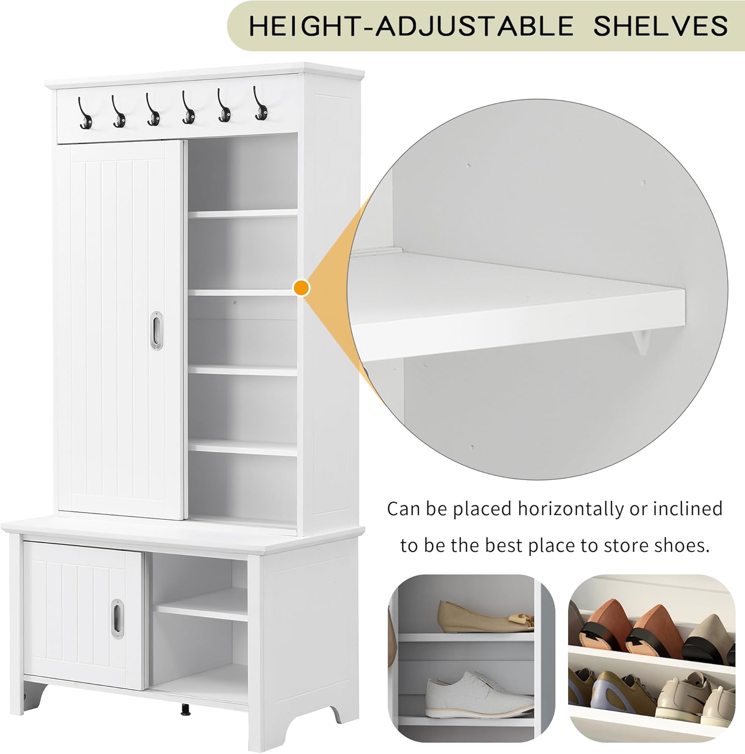 Modern Hall Tree with Bench and Shoe Storage Cabinet, Hallway Coat Rack with Sliding Doors & Adjustable Shelves for Entryway, Mudroom, Living Room, White