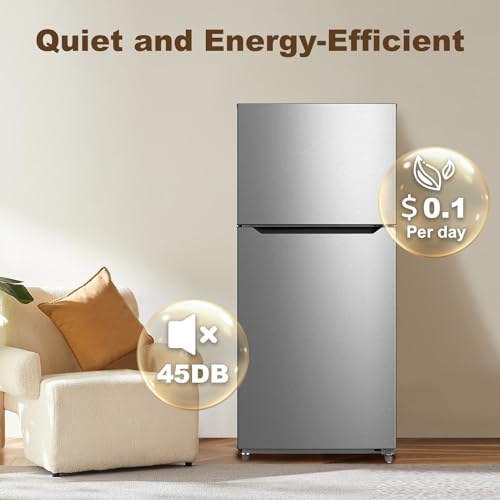 Refrigerator with Freezer, Top Freezer Apartment Size Refrigerator, Full Size Refrigerator, Stainless Steel Fridge, 2 Door Fridges with Adjustable Thermostat Control, for Bedroom