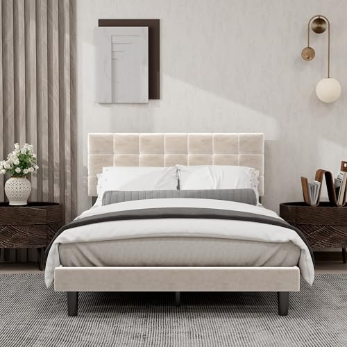 Upholstered Full Size Bed Frame Platform with Adjustable Headboard Wood Slats Support No Box Spring Needed Easy Assembly Linen Black