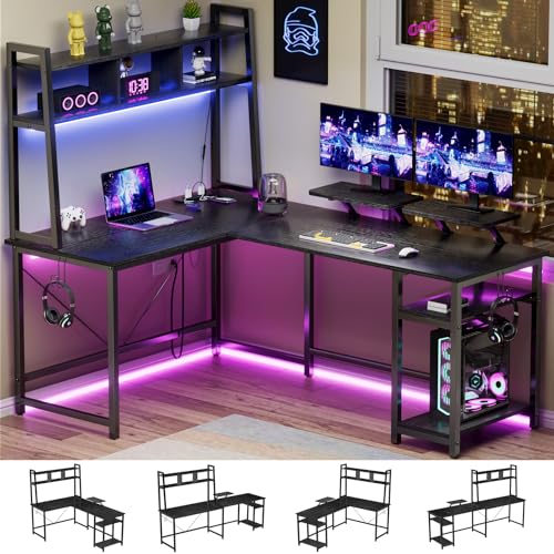 L Shaped Desk Gaming Desk with Hutch, Reversible 94.5” Corner Computer Desk with 1 Monitor Stand & Storage Shelves, Home Office Desk with LED Lights & Power Outlets for Home Office (Rustic Brown)