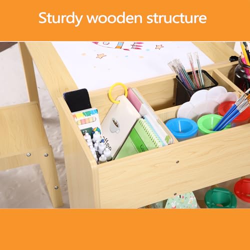 Kids Art Table with 2 Chairs, Toddler Craft Play Wood Activity Desk with Large Storage Shelves for Writing Drawing,Nursery, Children's Wooden Furniture for Classroom Daycares,Home