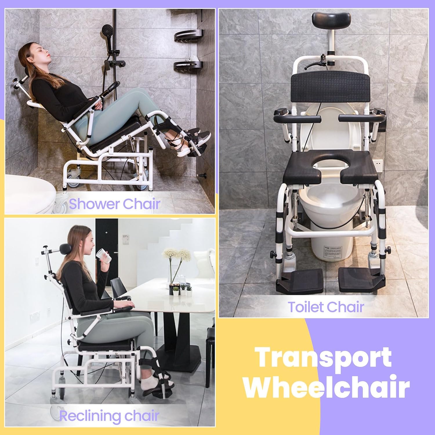 Reclining Shower Chair, Medical Shower Chair with Arms and Back Hospital Toilet Chair, Potty Chair for Adults Bathroom Wheelchairs with Soft Seat Cushions and Safety Belts