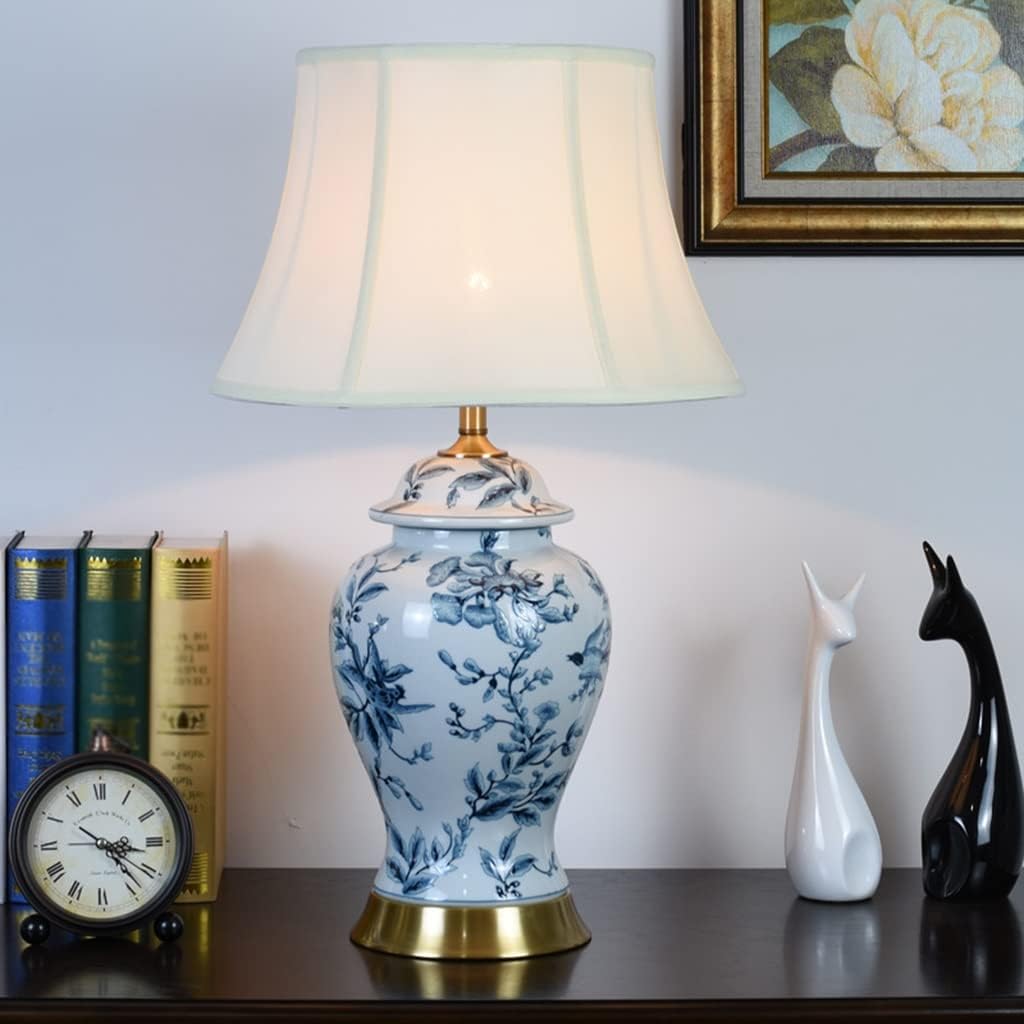 Hand-Painted Ceramic Desk Lamp Chinoiserie Branch Desk Lamp Blue & White Porcelain Lamp Body with Metal Base Bedside Nightstand Lamp for Bedroom Living Room Office College Bookcase