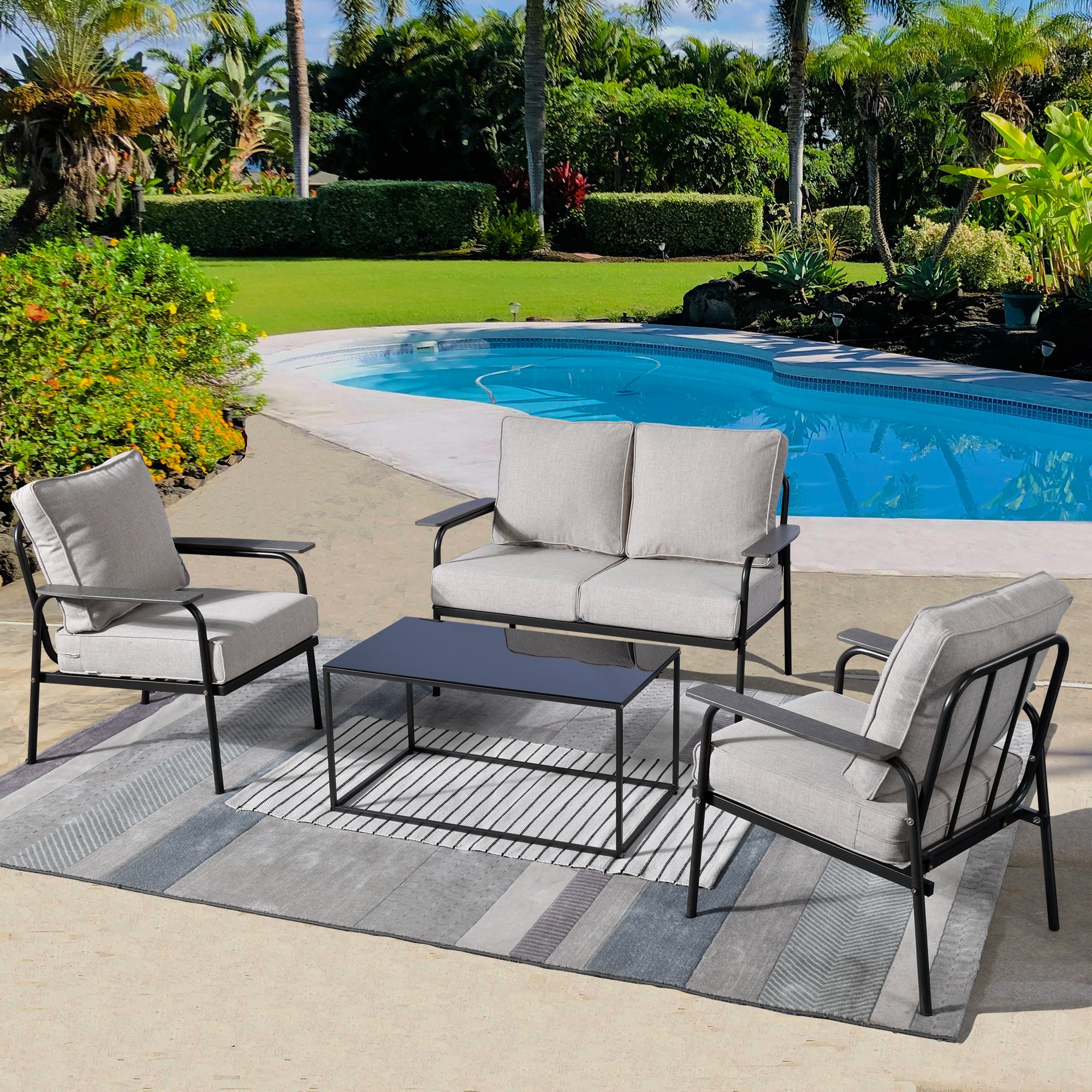 Ovios 4 Pieces Outdoor Patio Furniture Wicker Conversation Set Outdoor Sectional Sofa Couch with Coffee Table