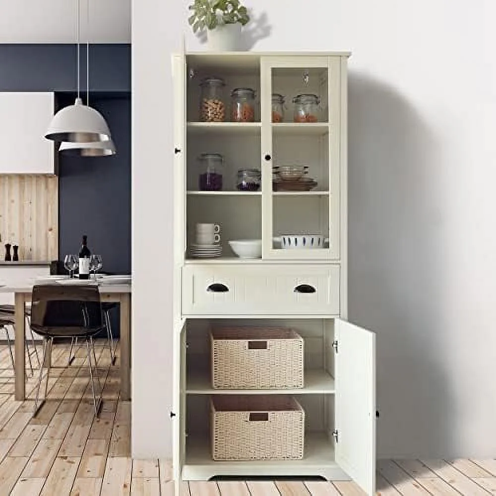 RUNFAYBIU Kitchen Pantry Cabinet   72" Freestanding Kitchen  Cabinets with Large Drawer  Tall Enclosed Cupboard with Adjustable Shelves  Natural Color