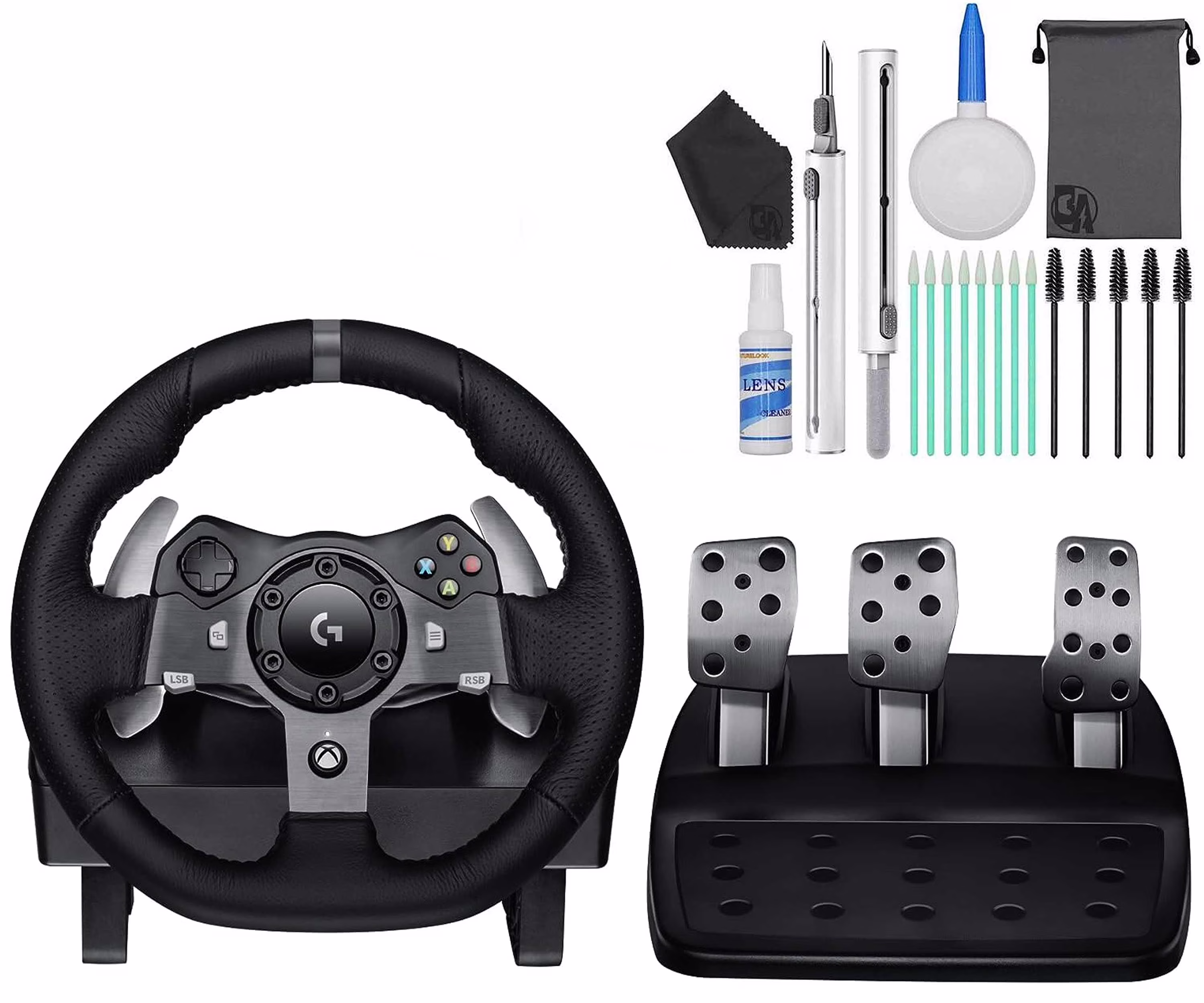 Logitech G920 Driving Force Racing Wheel and Floor Pedals, Real Force Feedback, Stainless Steel Paddle Shifters, Leather Steering Wheel Cover BOLT AXTION Bundle Like New