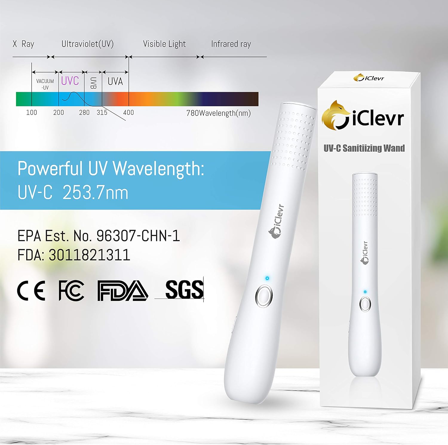 UV-C Light Sanitizer Wand - Powerful 253nm UV Sterilizer Rechargeable Handheld Ultraviolet Portable 99.99% Disinfection for Home, Office, Travel - Total Transparency with UVC Test Card Included