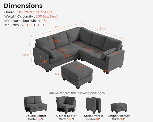 Modular Sectional Couch| Corduroy L Shaped Sleeper Sofa, 10 Seat U-Shape Sofa Bed Convertible Chaise with Storage Ottoman for Living Room Modern Furniture