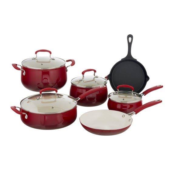 The Pioneer Woman Classic Belly 10-Piece Cookware Set, Red