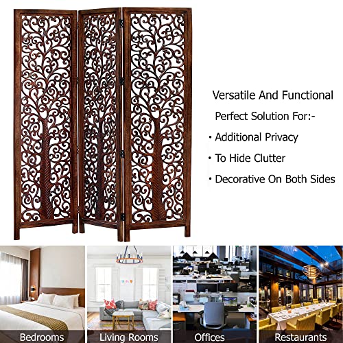 Room Divider Wood Screen - Ghanti Bells Antique Brown - 4 Panel Folding 72 x 80 - Assembled Hand Carved Decorative Functional Versatile Portable Partition Reversible Privacy Boho - COTTON CRAFT