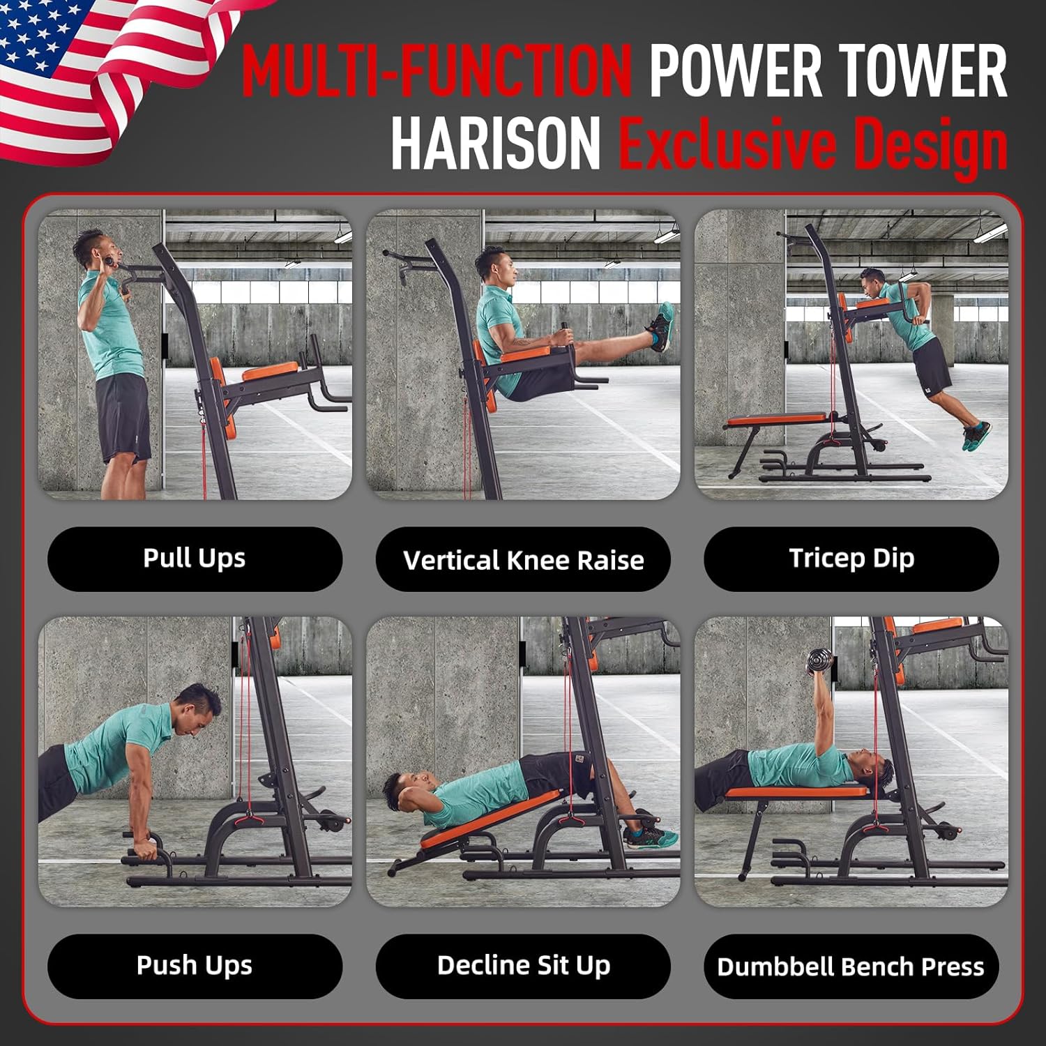 HARISON Multifunction Power Tower with Bench Pull Up Bar Dip Station for Home Gym Workout Strength Training Fitness Equipment