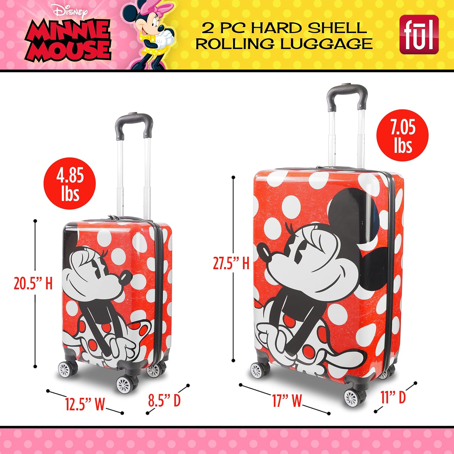 FUL Disney Minnie Mouse 2 Piece Rolling Luggage Set, Hardshell Suitcase with Wheels, Polka Dots, 20 Inch and 27 Inch, Red (FCFL0119SAMEC-600)