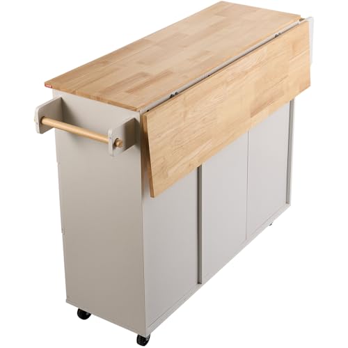 VEVOR Kitchen Island Cart with Solid Wood Top, 35.4" Width Mobile Carts with Storage Cabinet, Rolling Kitchen Table with Spice Rack, Towel Rack, and Drawer, Portable Islands on Wheels, White